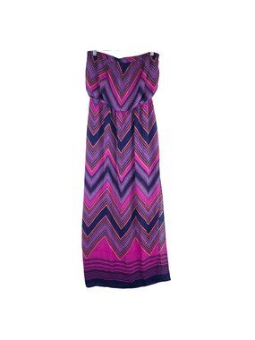 Womens Express Pink & Navy Chevron Strapless Maxi Dress Polyester Size M